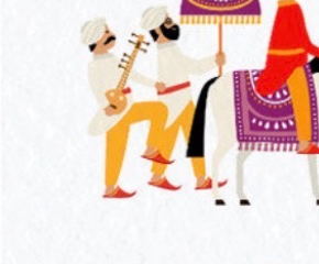 Illustration of the baraat procession with musicians and the groom arriving on horseback.