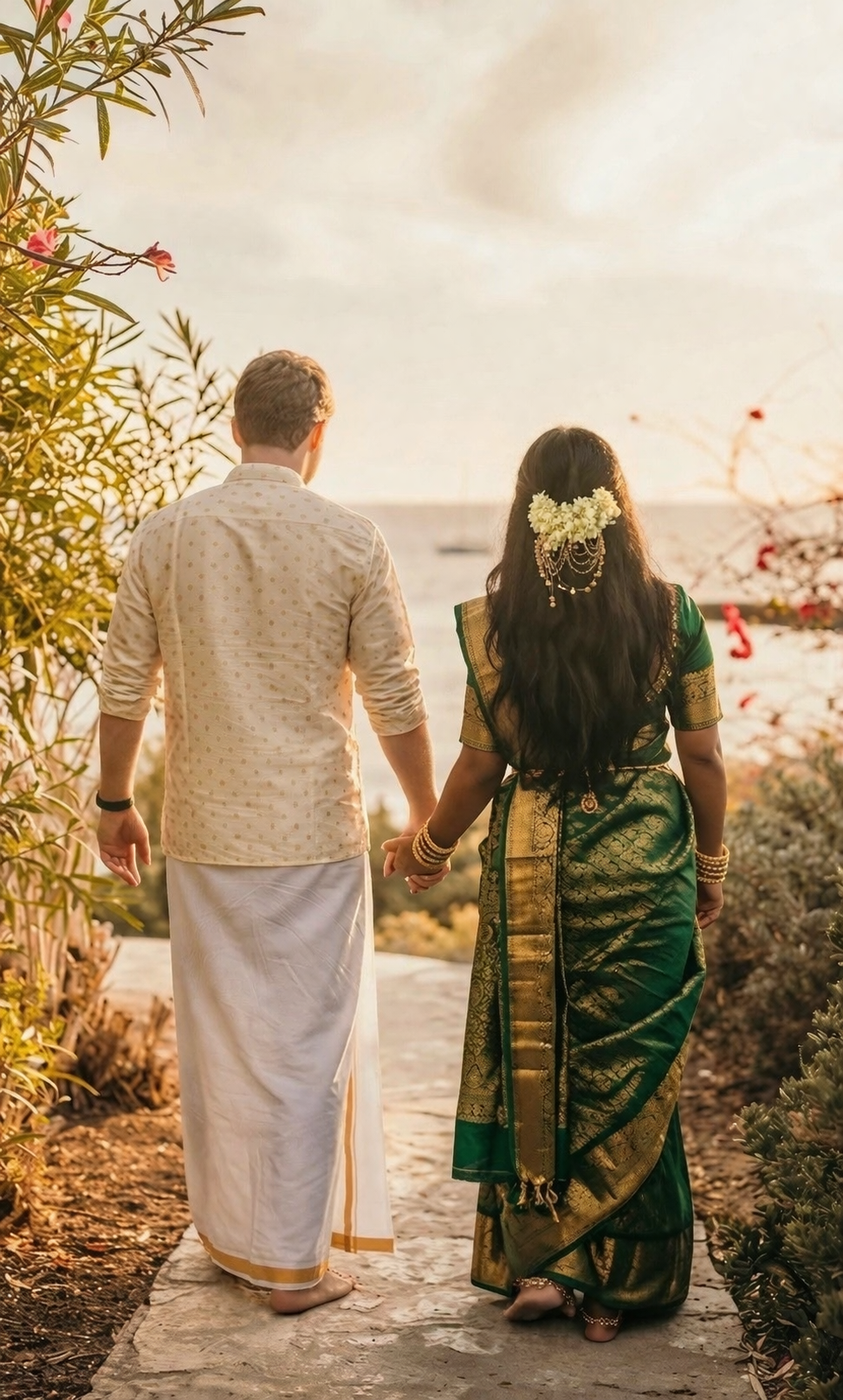 Chad and Anusha walking hand in hand by the water
